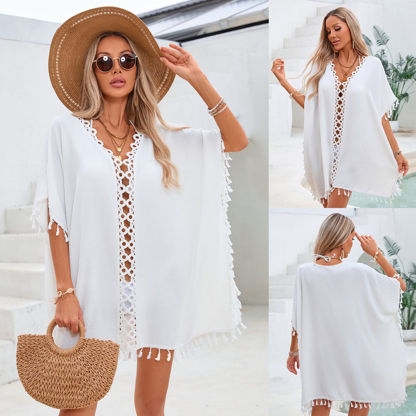 Women’s White Sundress With V Neck And Short Sleeve, Featuring Polyester Fabric And Crochet Lace Craftsmanship