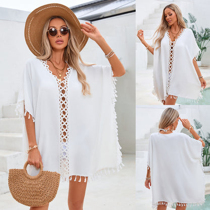 Women’s White Sundress With V Neck And Short Sleeve, Featuring Polyester Fabric And Crochet Lace Craftsmanship