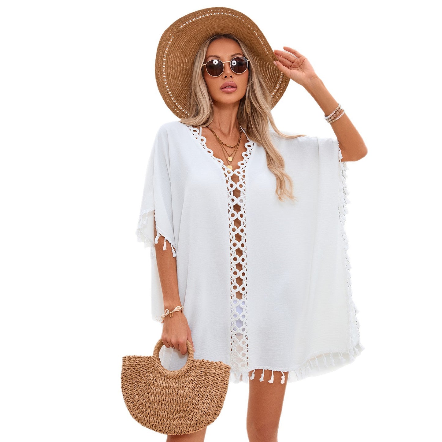 Women’s White Sundress With V Neck And Short Sleeve, Featuring Polyester Fabric And Crochet Lace Craftsmanship