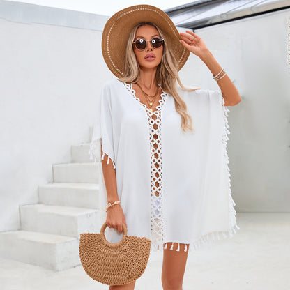 Women’s White Sundress With V Neck And Short Sleeve, Featuring Polyester Fabric And Crochet Lace Craftsmanship