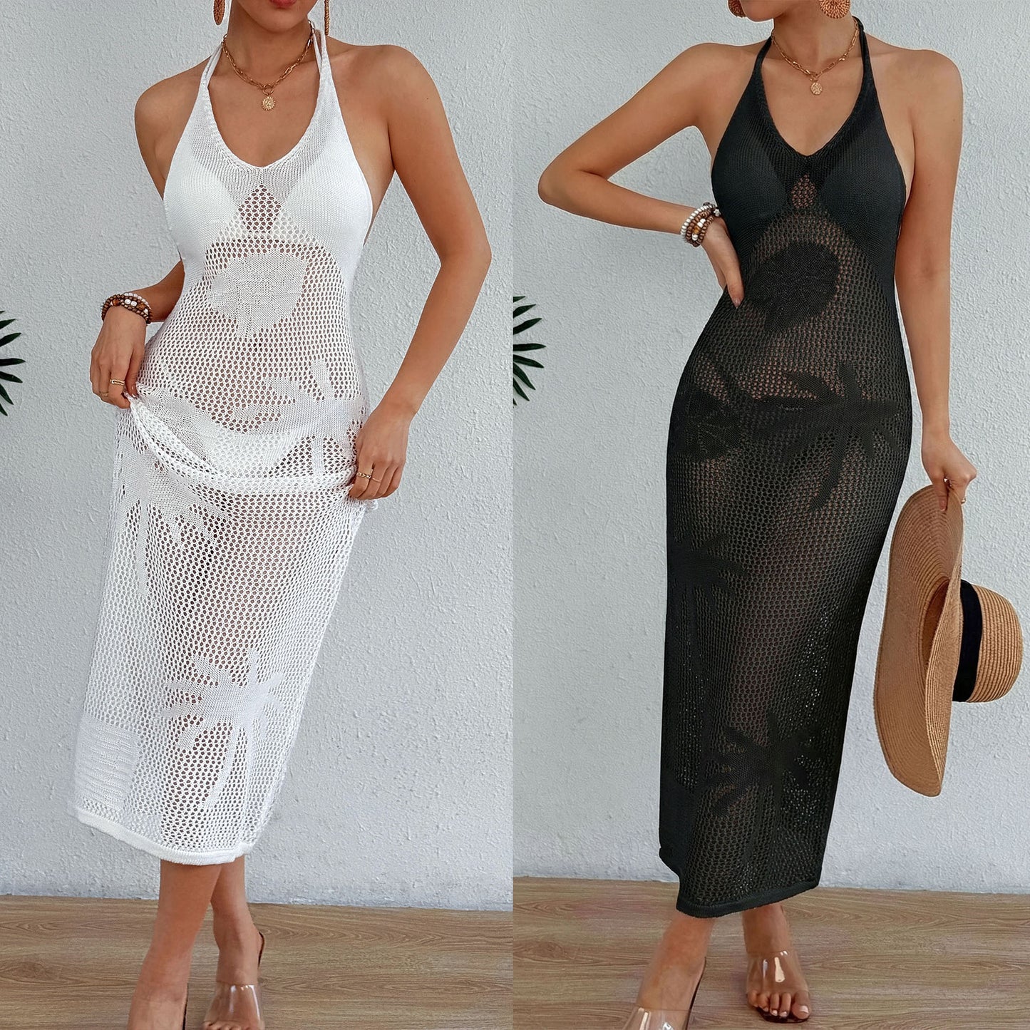 Women's Solid Color White Halter Neck Sleeveless Beach Dress With Tie Closure, Made Of Polyester Cotton