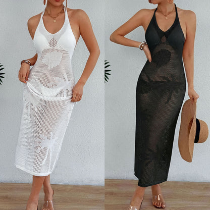 Women's Solid Color White Halter Neck Sleeveless Beach Dress With Tie Closure, Made Of Polyester Cotton