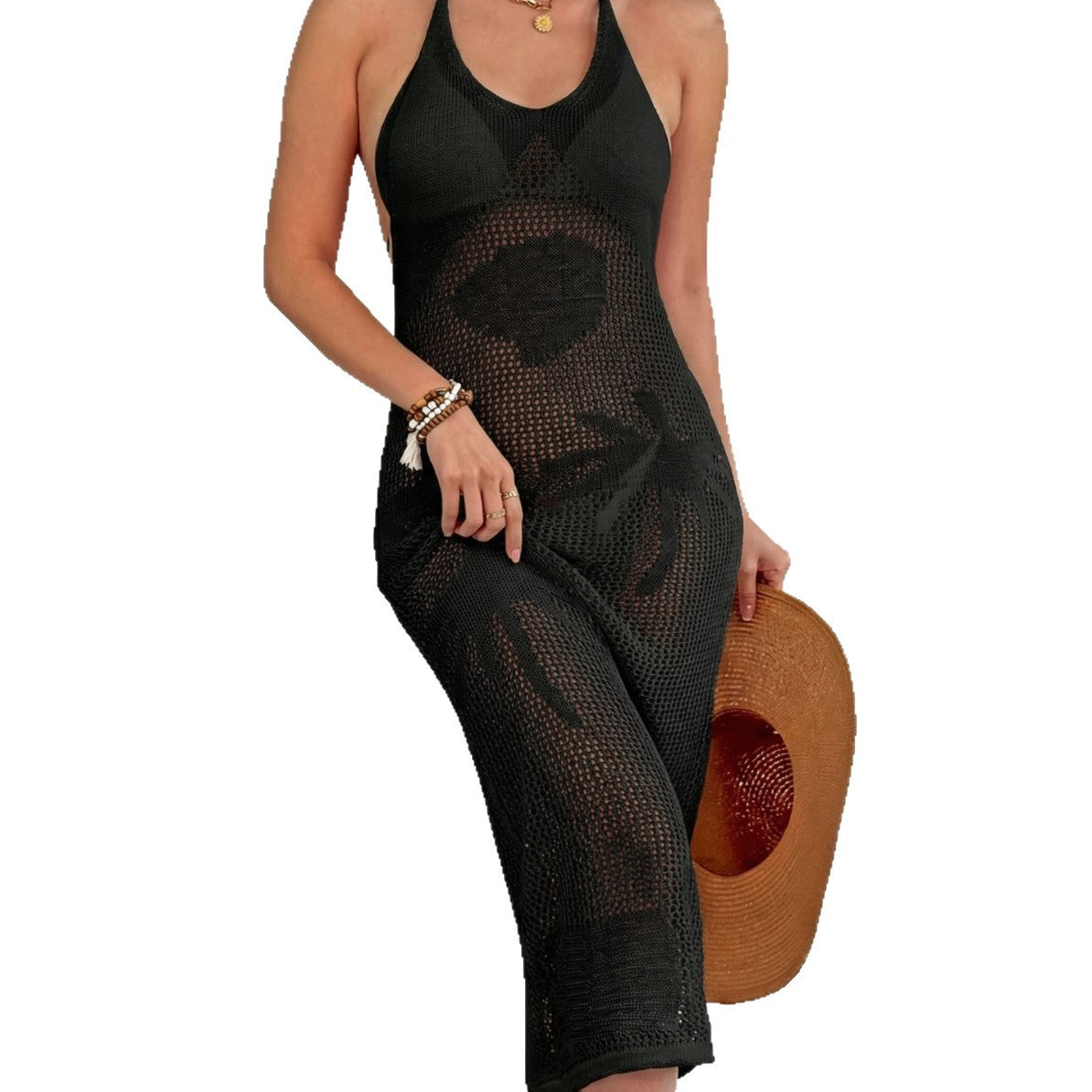 Women's Solid Color White Halter Neck Sleeveless Beach Dress With Tie Closure, Made Of Polyester Cotton