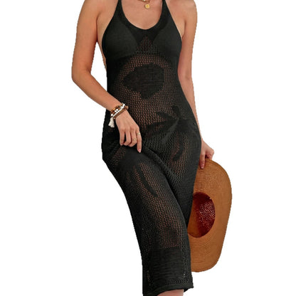 Women's Solid Color White Halter Neck Sleeveless Beach Dress With Tie Closure, Made Of Polyester Cotton