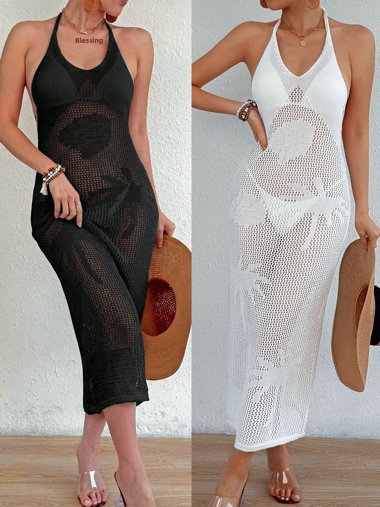Women's Solid Color White Halter Neck Sleeveless Beach Dress With Tie Closure, Made Of Polyester Cotton