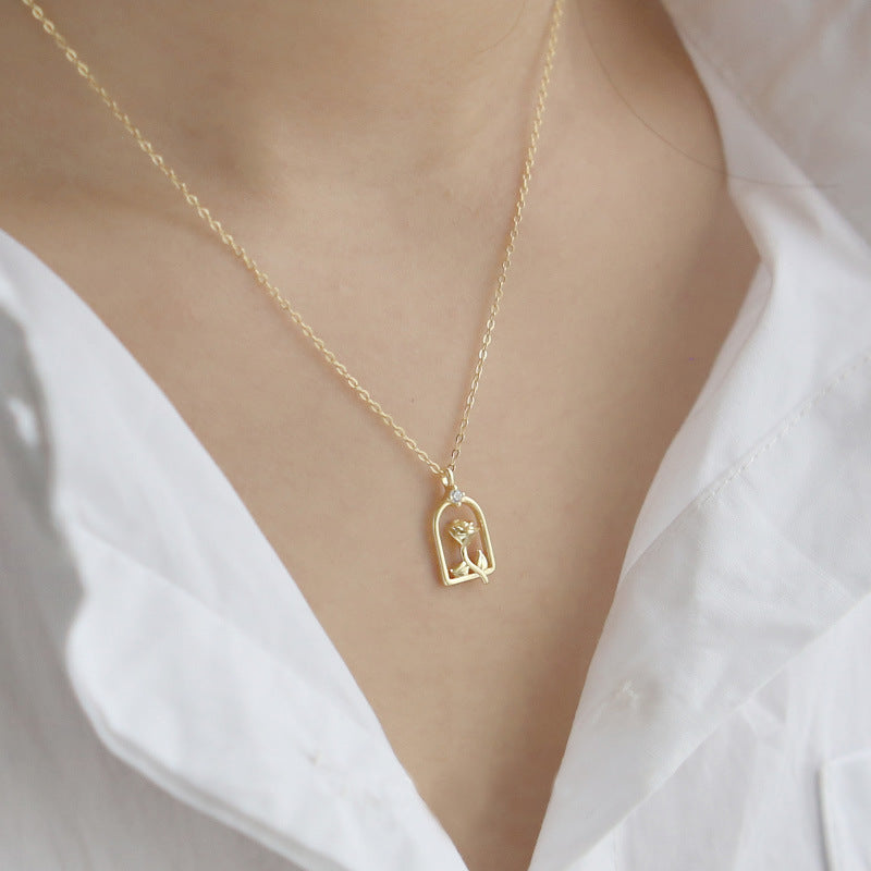 Rose For Necklace In Golden 925 Sterling Silver