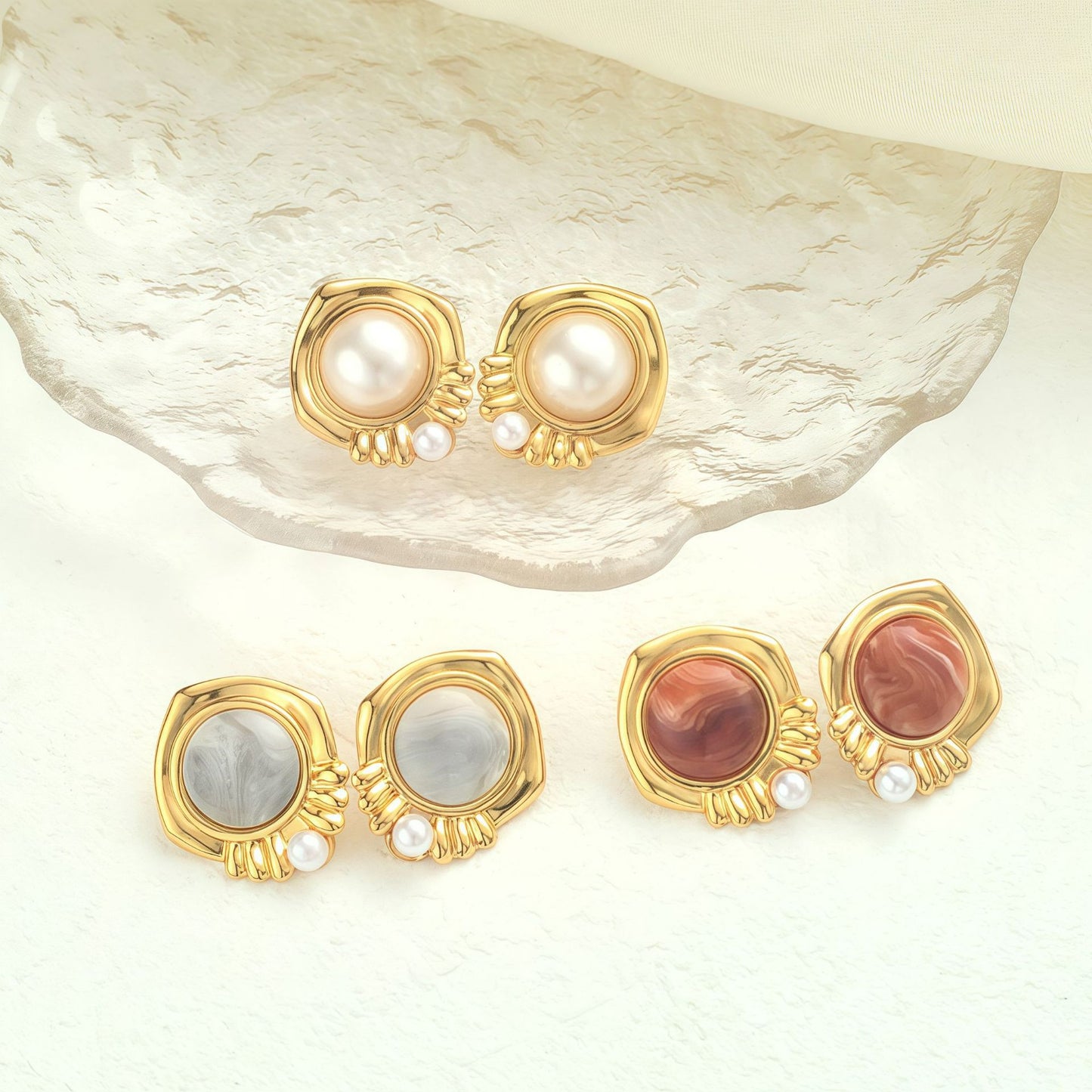 Copper Flowers Stud Earrings For Women In Steel Color, Elegant Floral Design