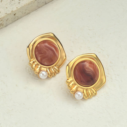 Copper Flowers Stud Earrings For Women In Steel Color, Elegant Floral Design