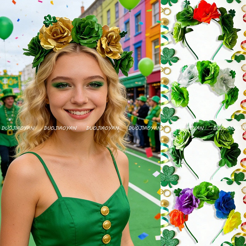 Original Design Multicolor Flowers Hair Band Made Of Cloth, Perfect Hair Accessory For St. Patrick's Day