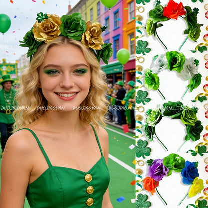 Original Design Multicolor Flowers Hair Band Made Of Cloth, Perfect Hair Accessory For St. Patrick's Day