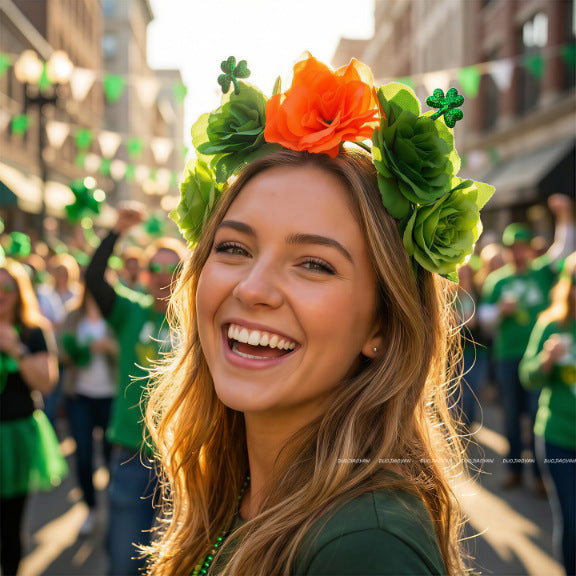 Original Design Multicolor Flowers Hair Band Made Of Cloth, Perfect Hair Accessory For St. Patrick's Day