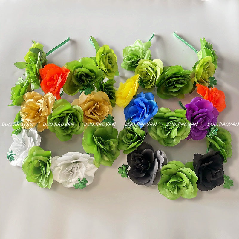 Original Design Multicolor Flowers Hair Band Made Of Cloth, Perfect Hair Accessory For St. Patrick's Day