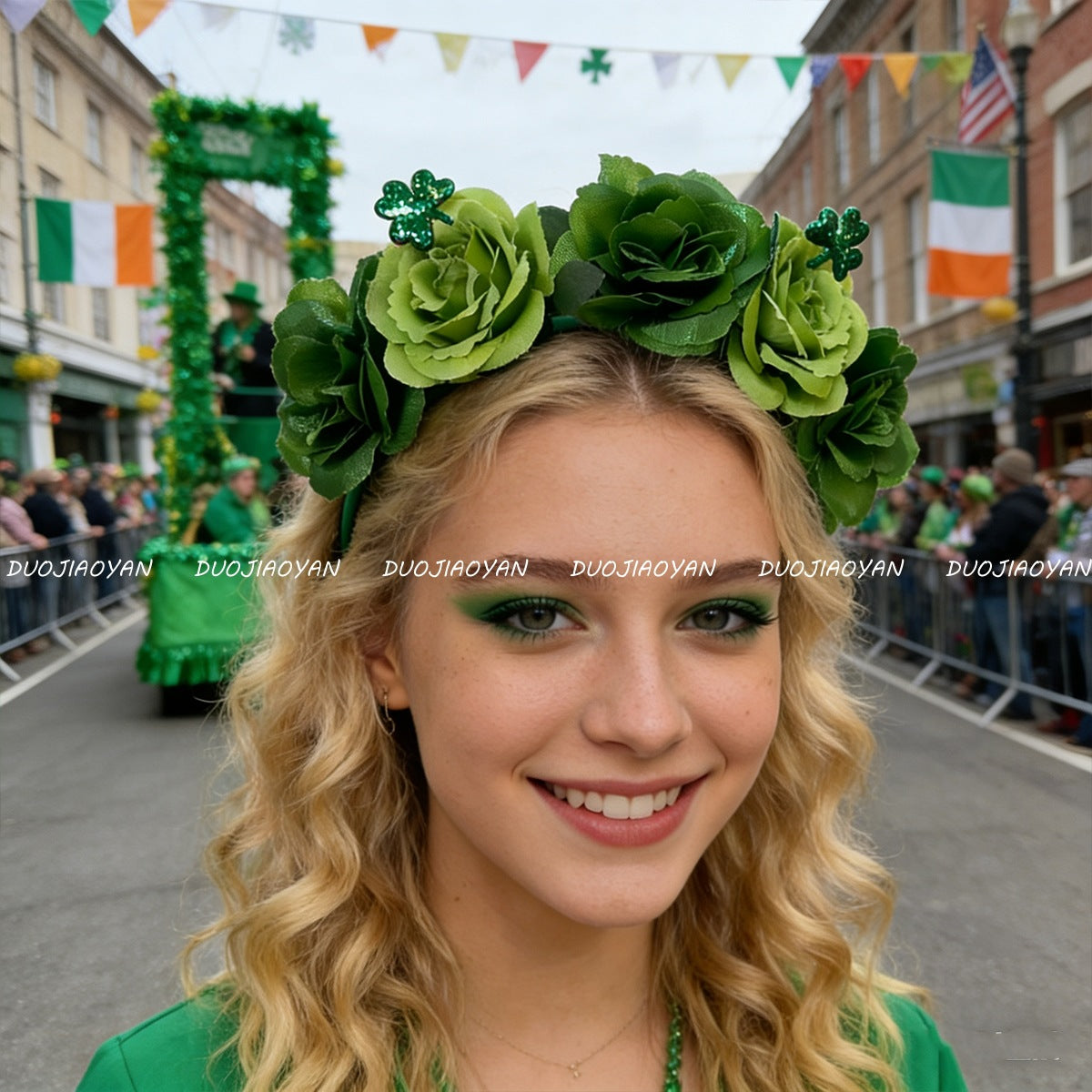 Original Design Multicolor Flowers Hair Band Made Of Cloth, Perfect Hair Accessory For St. Patrick's Day
