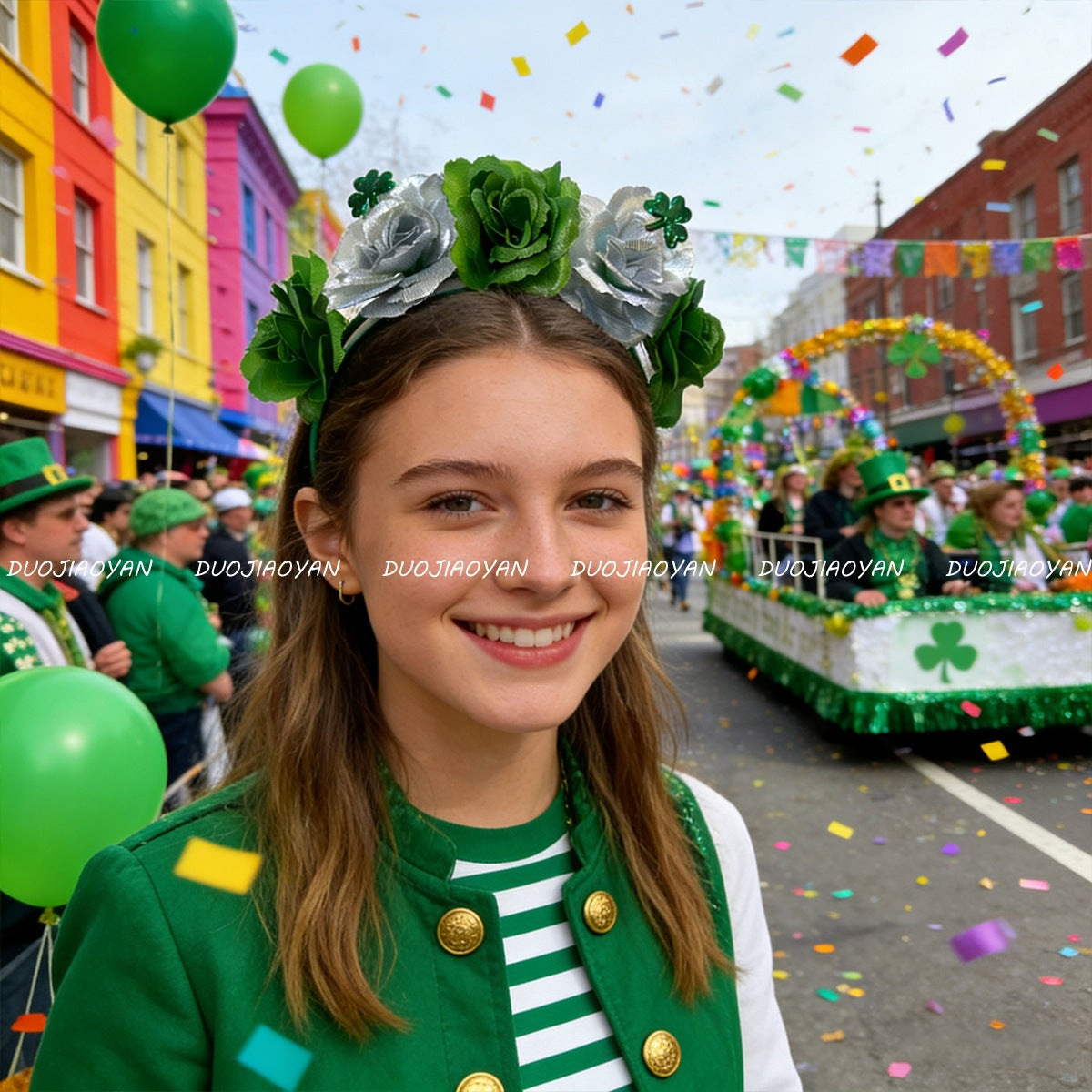 Original Design Multicolor Flowers Hair Band Made Of Cloth, Perfect Hair Accessory For St. Patrick's Day