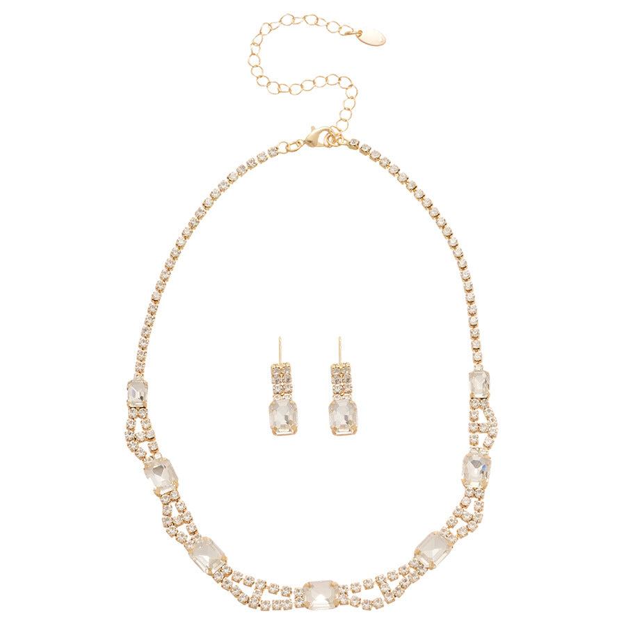 Quadrilateral Copper Jewelry Set For Women Featuring Rhinestones In Golden Color