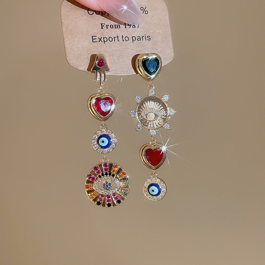 Retro Heart Shape Stud Earrings For Women In Copper With Zircon Inlay