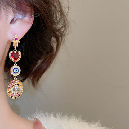 Retro Heart Shape Stud Earrings For Women In Copper With Zircon Inlay