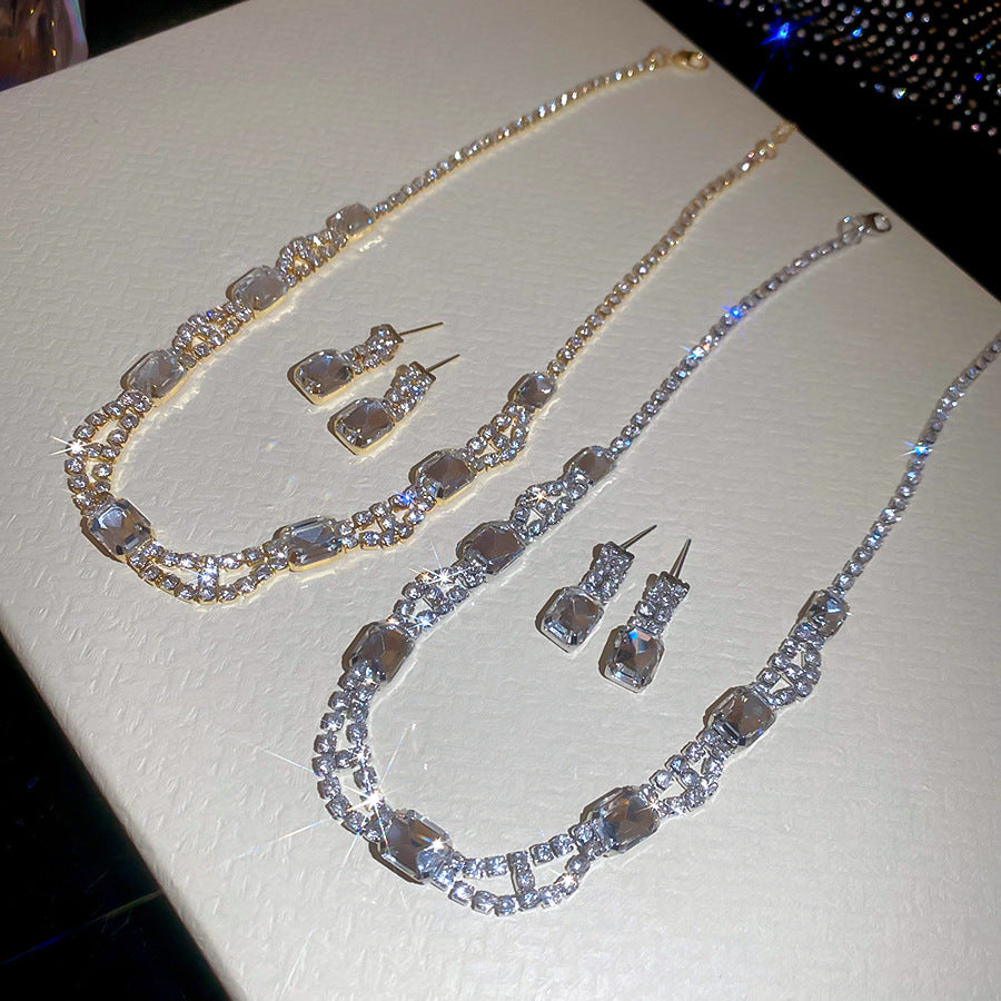 Quadrilateral Copper Jewelry Set For Women Featuring Rhinestones In Golden Color
