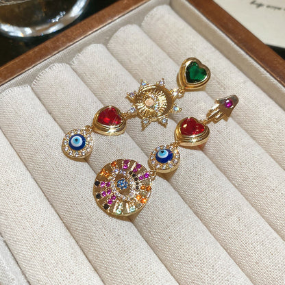 Retro Heart Shape Stud Earrings For Women In Copper With Zircon Inlay