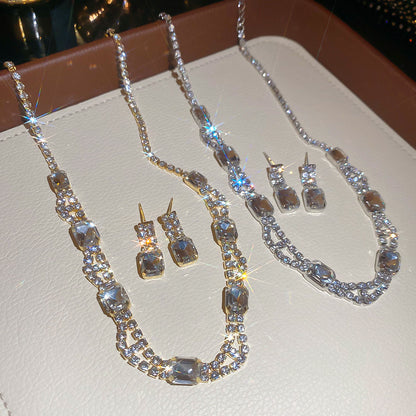 Quadrilateral Copper Jewelry Set For Women Featuring Rhinestones In Golden Color