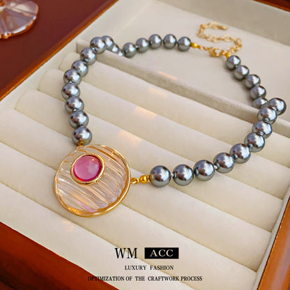 Round Imitation Pearl Necklace For Women In Grey And Purple