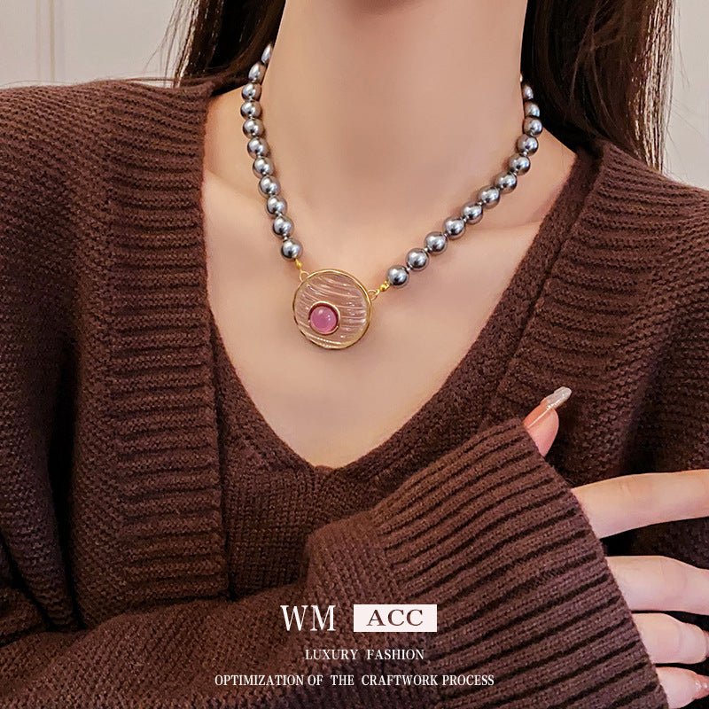 Round Imitation Pearl Necklace For Women In Grey And Purple