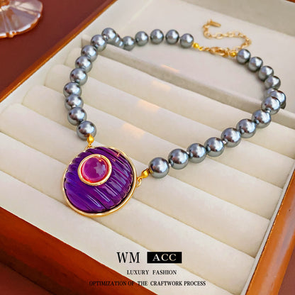 Round Imitation Pearl Necklace For Women In Grey And Purple