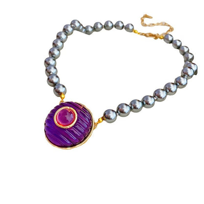 Round Imitation Pearl Necklace For Women In Grey And Purple