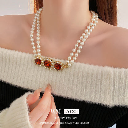 Golden Quadrilateral Sweater Chain For Elegant Style Featuring Imitation Pearl Material