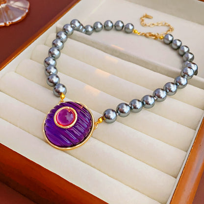 Round Imitation Pearl Necklace For Women In Grey And Purple