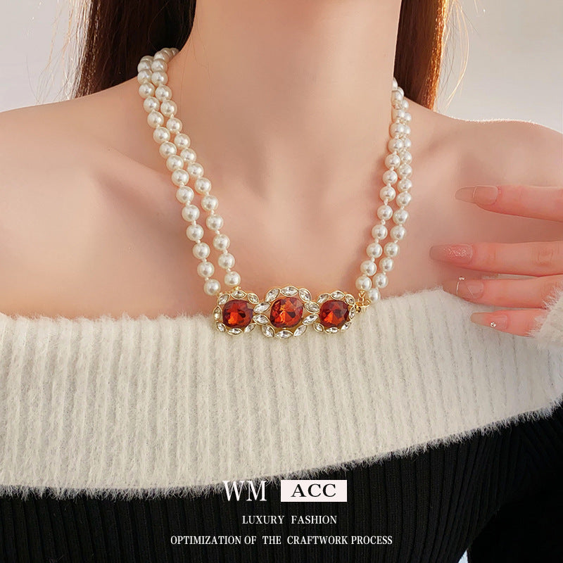 Golden Quadrilateral Sweater Chain For Elegant Style Featuring Imitation Pearl Material