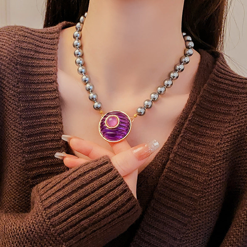 Round Imitation Pearl Necklace For Women In Grey And Purple