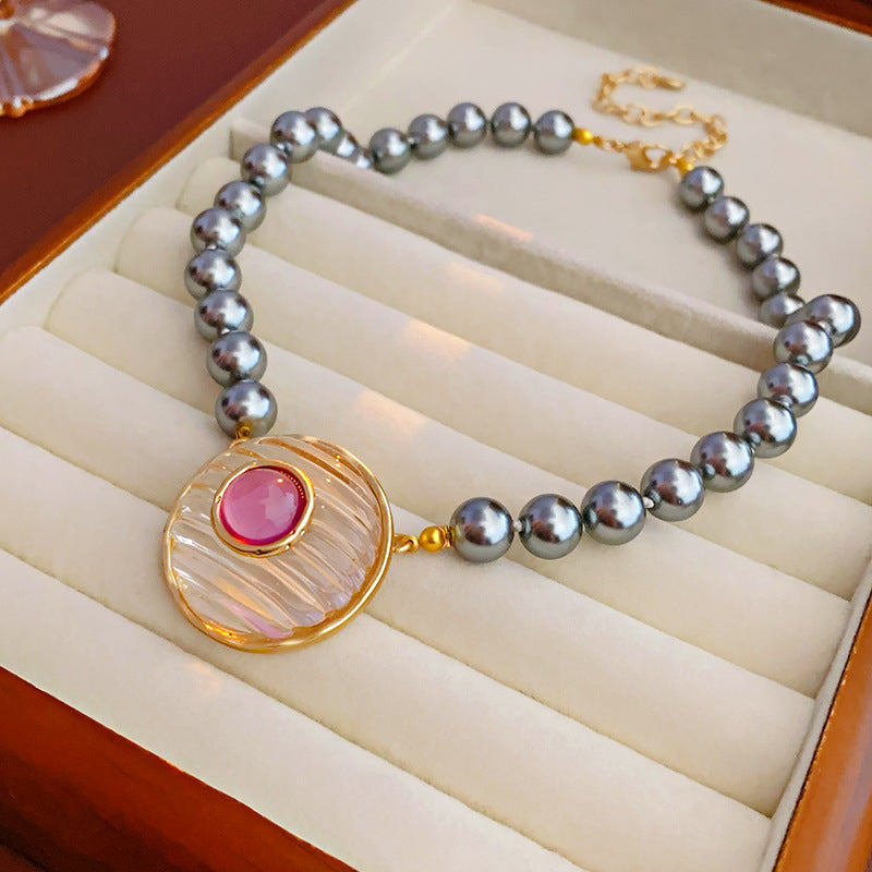 Round Imitation Pearl Necklace For Women In Grey And Purple