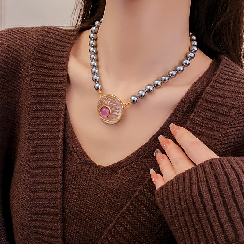 Round Imitation Pearl Necklace For Women In Grey And Purple