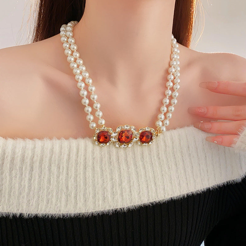 Golden Quadrilateral Sweater Chain For Elegant Style Featuring Imitation Pearl Material
