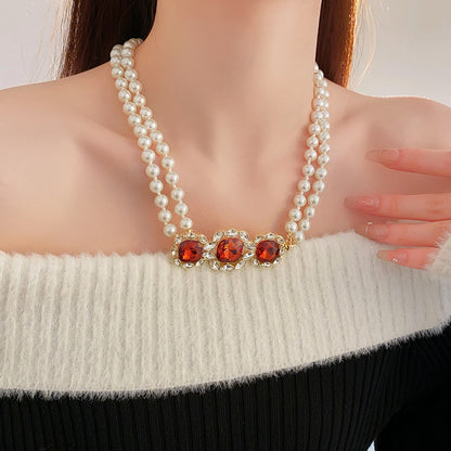 Golden Quadrilateral Sweater Chain For Elegant Style Featuring Imitation Pearl Material