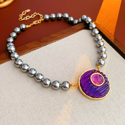 Round Imitation Pearl Necklace For Women In Grey And Purple