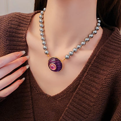 Round Imitation Pearl Necklace For Women In Grey And Purple