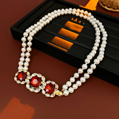 Golden Quadrilateral Sweater Chain For Elegant Style Featuring Imitation Pearl Material