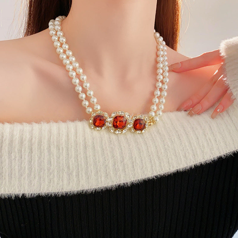 Golden Quadrilateral Sweater Chain For Elegant Style Featuring Imitation Pearl Material