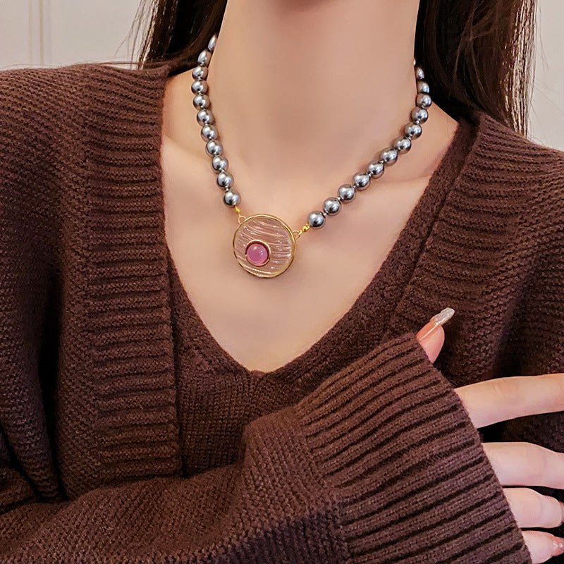 Round Imitation Pearl Necklace For Women In Grey And Purple