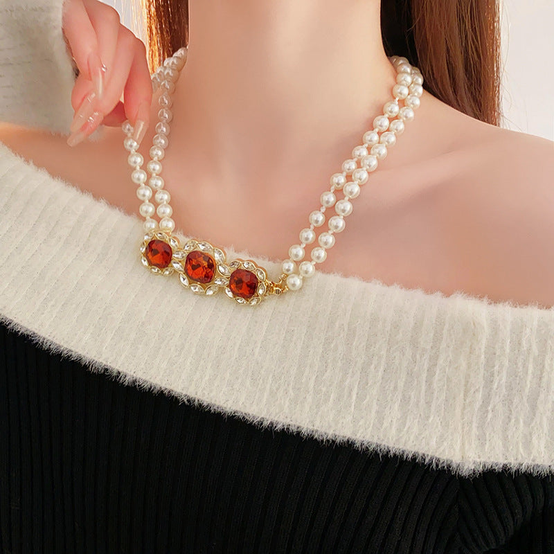 Golden Quadrilateral Sweater Chain For Elegant Style Featuring Imitation Pearl Material