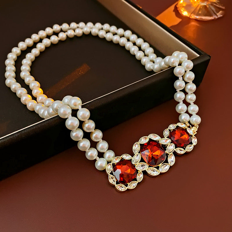 Golden Quadrilateral Sweater Chain For Elegant Style Featuring Imitation Pearl Material