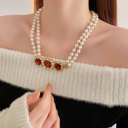 Golden Quadrilateral Sweater Chain For Elegant Style Featuring Imitation Pearl Material
