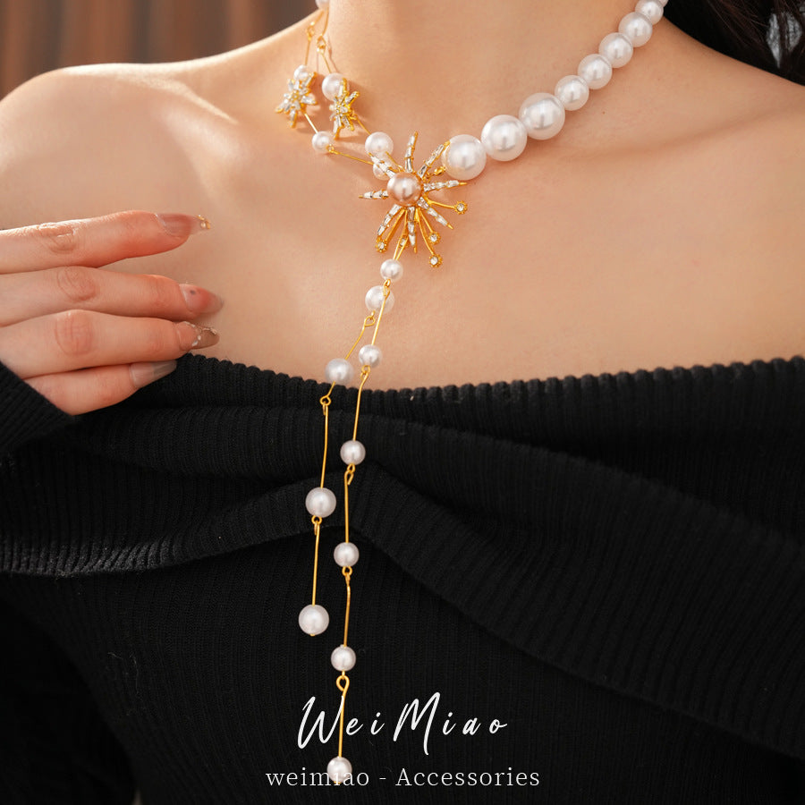 Star Necklace For Women Featuring Golden Imitation Pearl Design