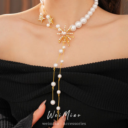 Star Necklace For Women Featuring Golden Imitation Pearl Design