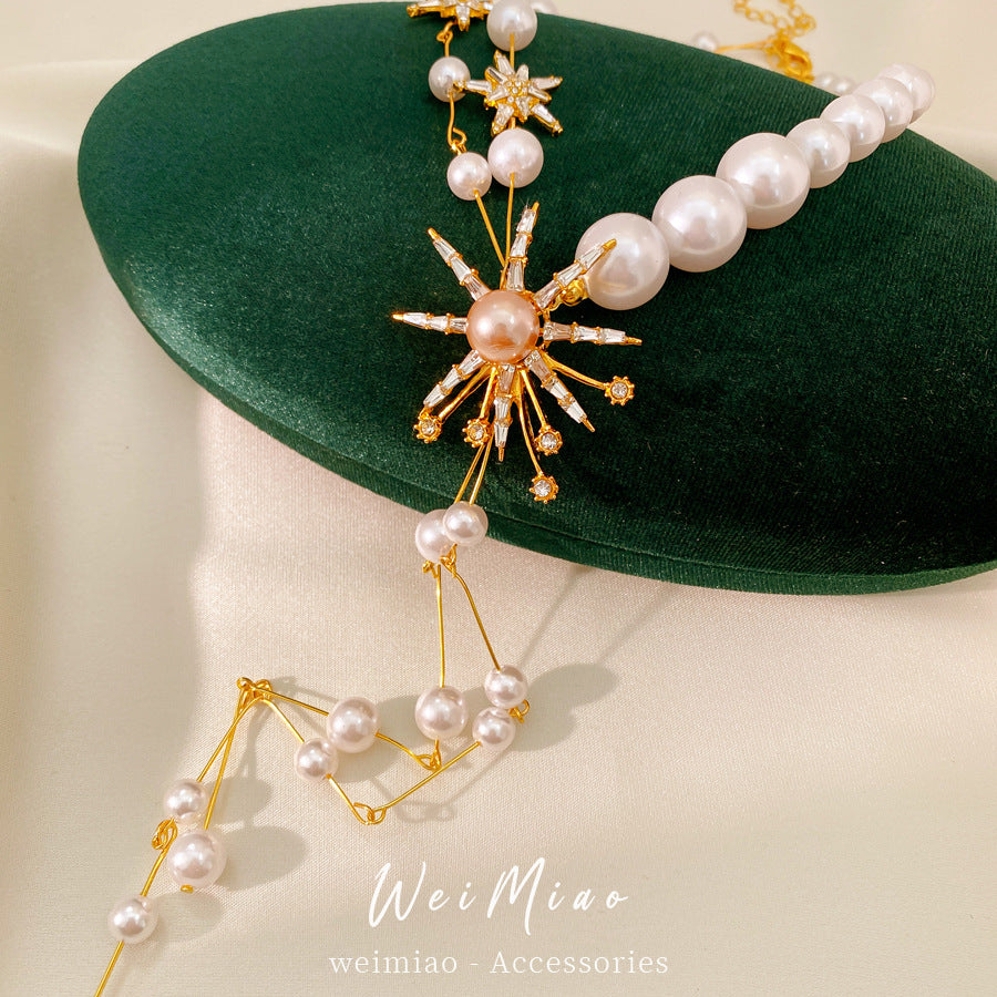 Star Necklace For Women Featuring Golden Imitation Pearl Design