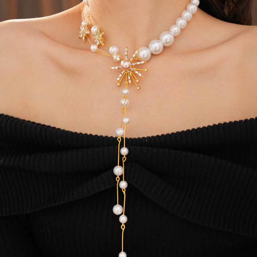 Star Necklace For Women Featuring Golden Imitation Pearl Design