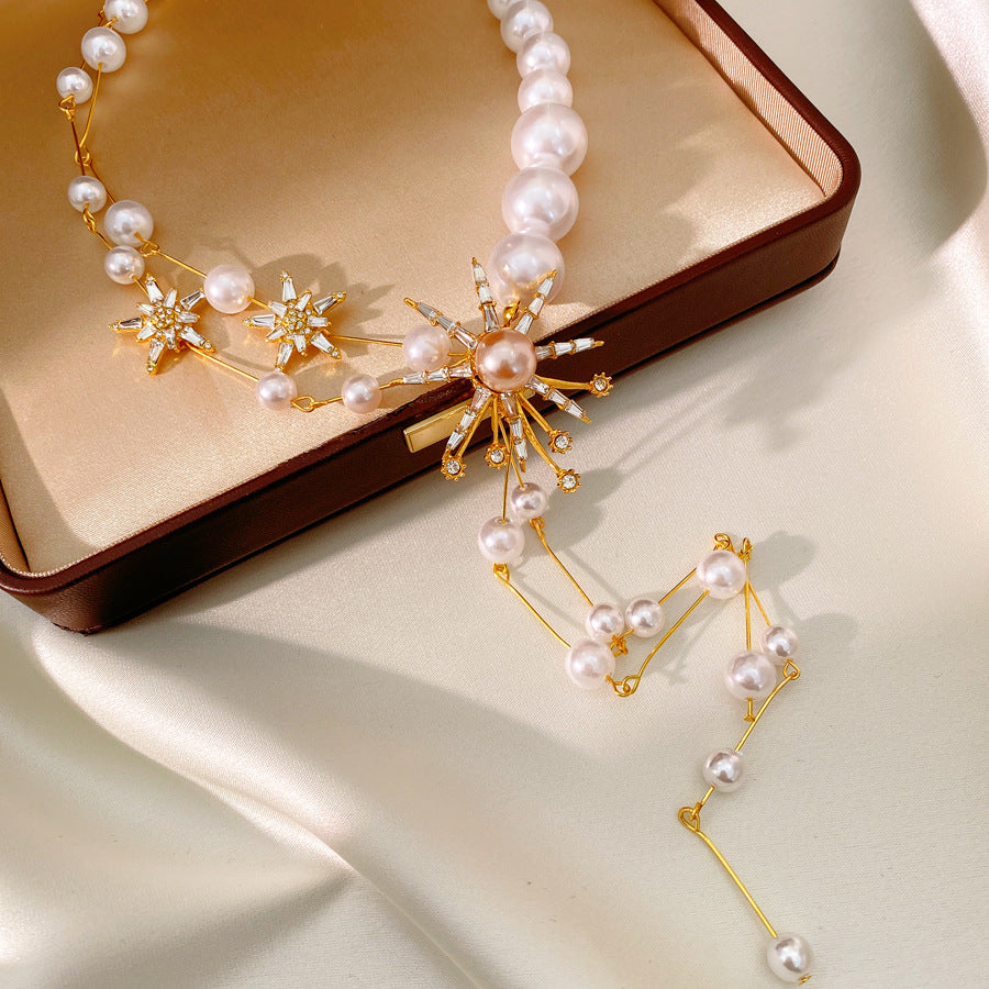 Star Necklace For Women Featuring Golden Imitation Pearl Design