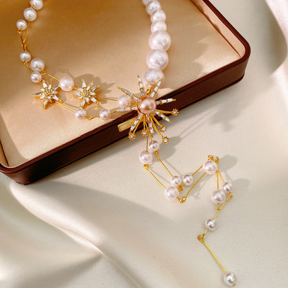 Star Necklace For Women Featuring Golden Imitation Pearl Design
